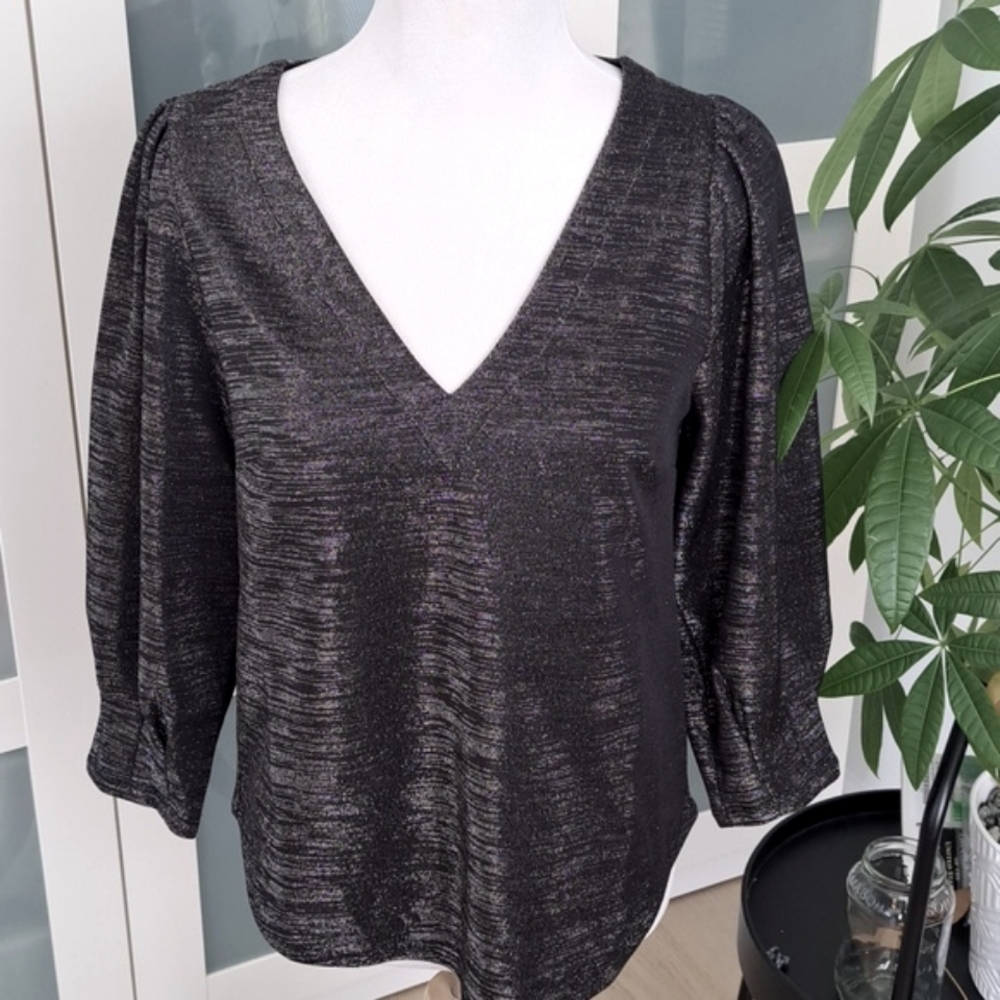 NWT RO&DE Anthropologie Black Shimmer Peplum Sleeve Top